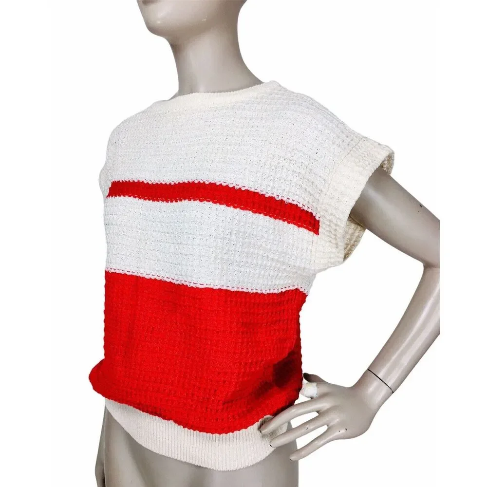 Vintage 80s Liz Sport Color Block Waffle Knit Short Sleeve Pullover Sweater Top - Picture 3 of 7